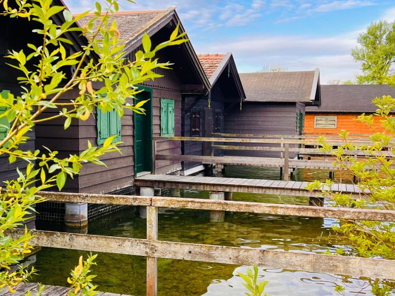 Tutzing Traubing Ferienwohnung Casa Heckl Holzhäuser auf Stelzen neben einem ruhigen Gewässer, umgeben von Pflanzen.