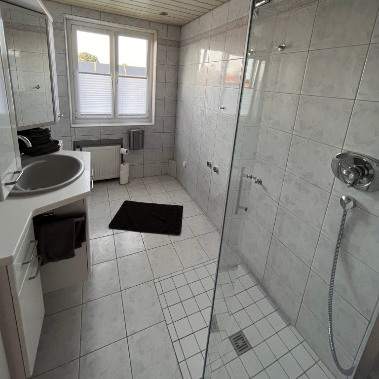 Casa Heckl Ferienwohnung Tutzing Traubing Helles Badezimmer mit Dusche, Waschbecken und einem großen Spiegel.