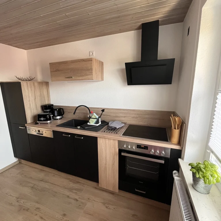 Moderne-kuechenzeile-mit-hochwertigen-elektrogeräten 2 Moderne Küche mit Holz- und schwarzen Elementen, Herd, Spülbecken und Dunstabzug.