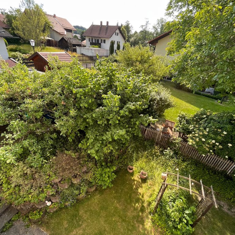 Tutzing Traubing Ferienwohnung Casa Heckl Blick auf einen Garten mit Sträuchern, Pflanzen und Häusern im Hintergrund.